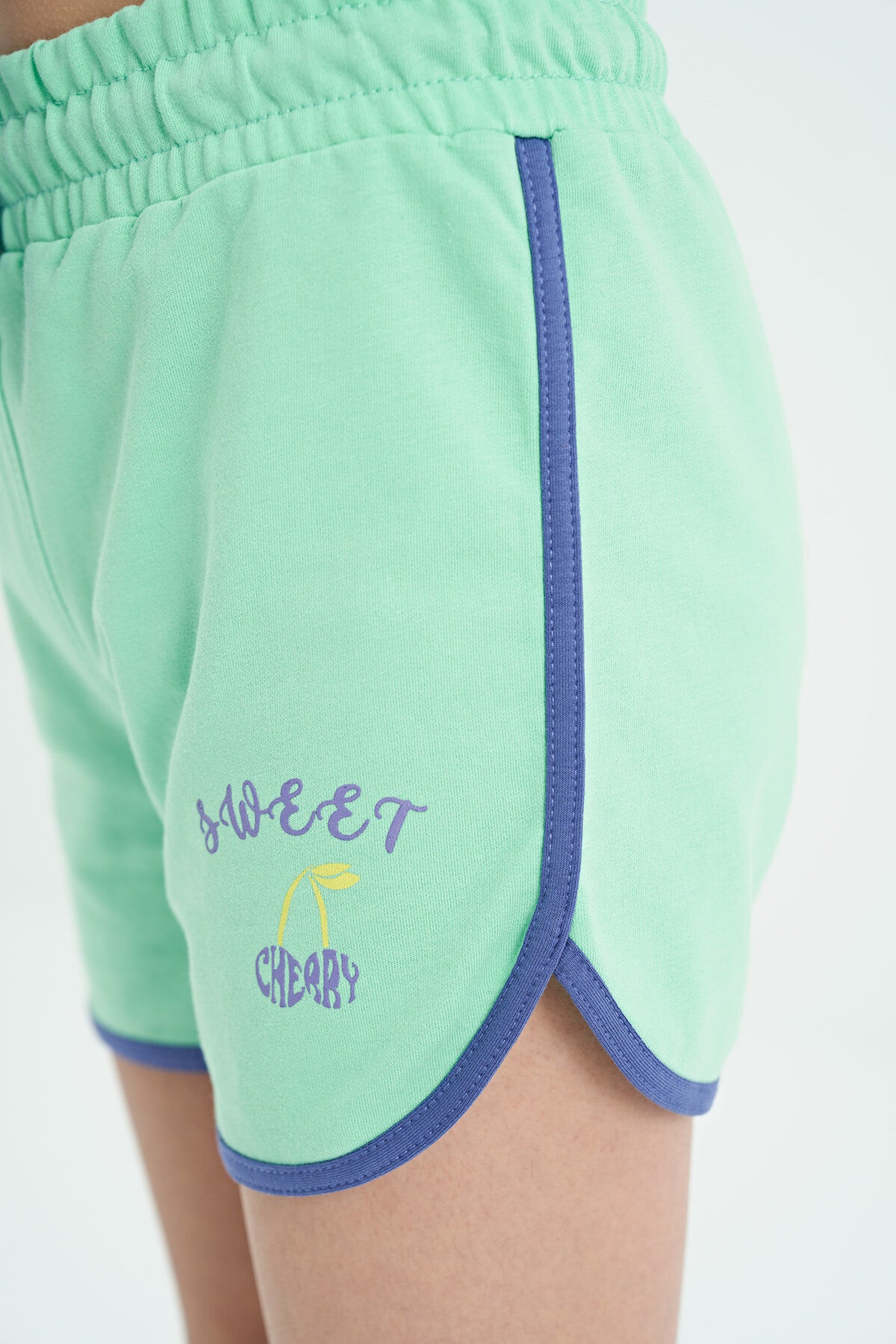 Light Purple - Aqua Green O Collar Printed Knot Detailed Relax Fit Girls' Shorts Set - 75132