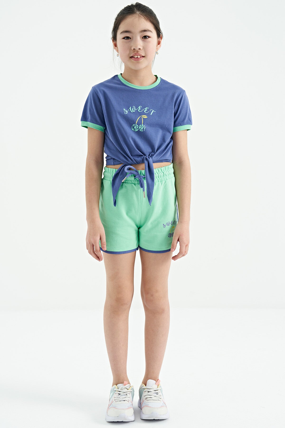 Light Purple - Aqua Green O Collar Printed Knot Detailed Relax Fit Girls' Shorts Set - 75132