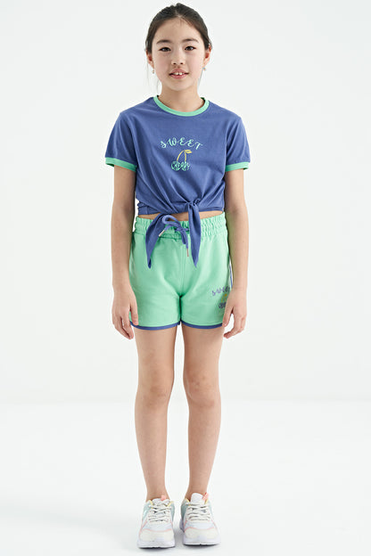 Light Purple - Aqua Green O Collar Printed Knot Detailed Relax Fit Girls' Shorts Set - 75132