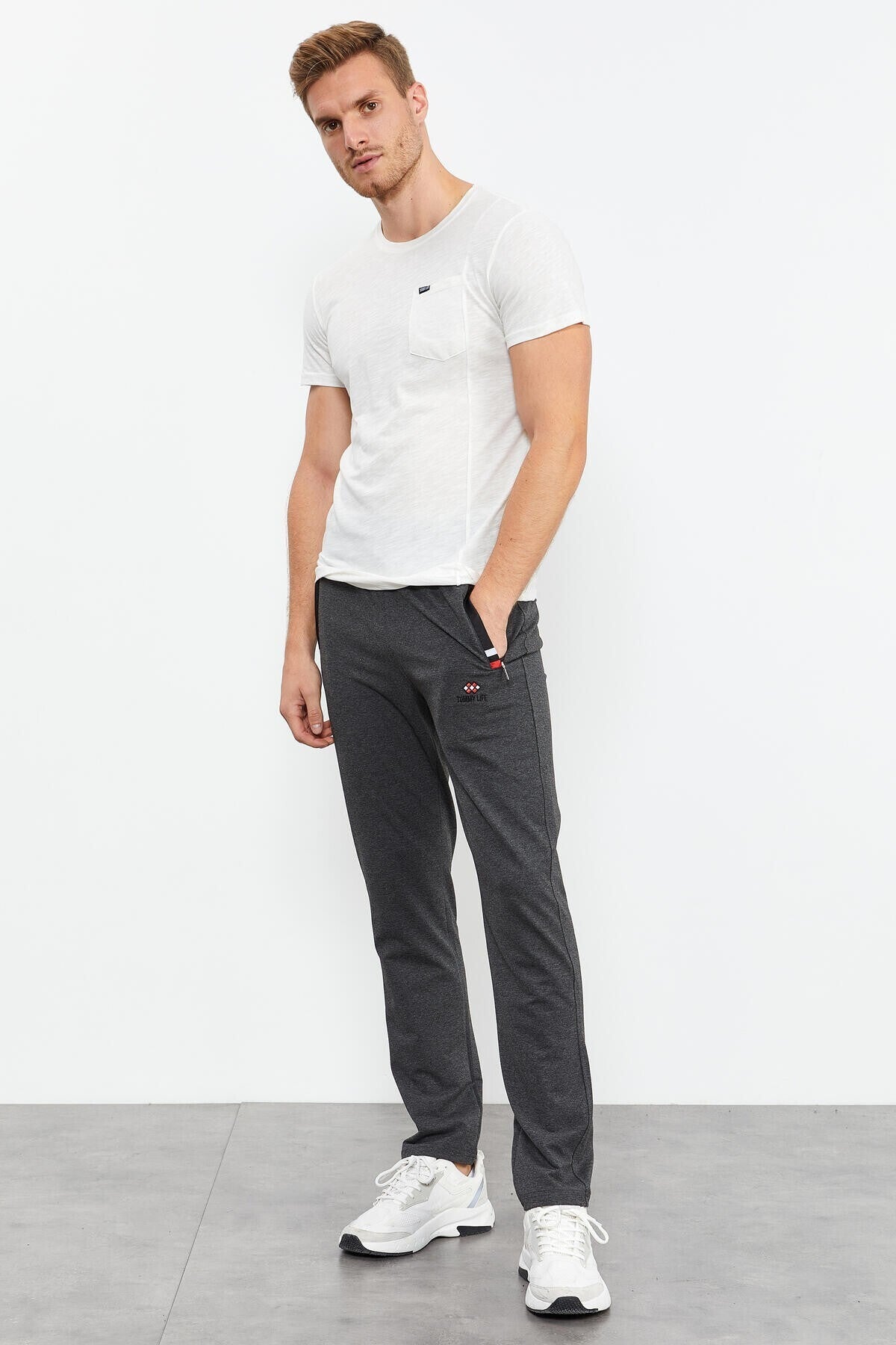 Anthracite Melange - Black Zippered Classic Hem Men's Tracksuit Bottom - 84649
