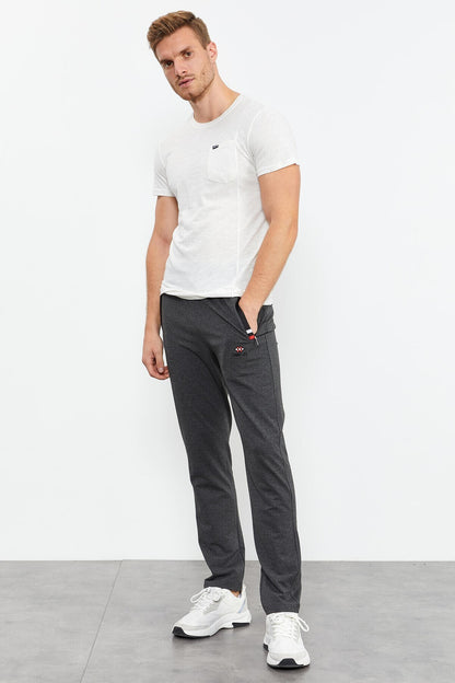 Anthracite Melange - Black Zippered Classic Hem Men's Tracksuit Bottom - 84649