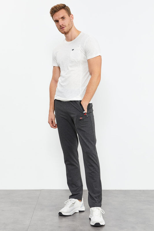 Anthracite Melange - Black Zippered Classic Hem Men's Tracksuit Bottom - 84649