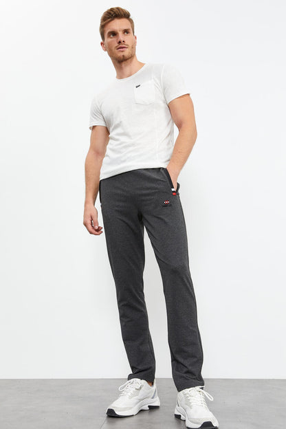 Anthracite Melange - Black Zippered Classic Hem Men's Tracksuit Bottom - 84649