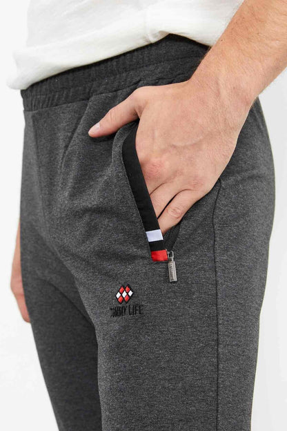 Anthracite Melange - Black Zippered Classic Hem Men's Tracksuit Bottom - 84649