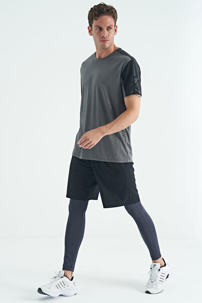 Anthracite Back Wrist Print Detailed High Waist Slim Fit Active Sports Men's Tights - 84988