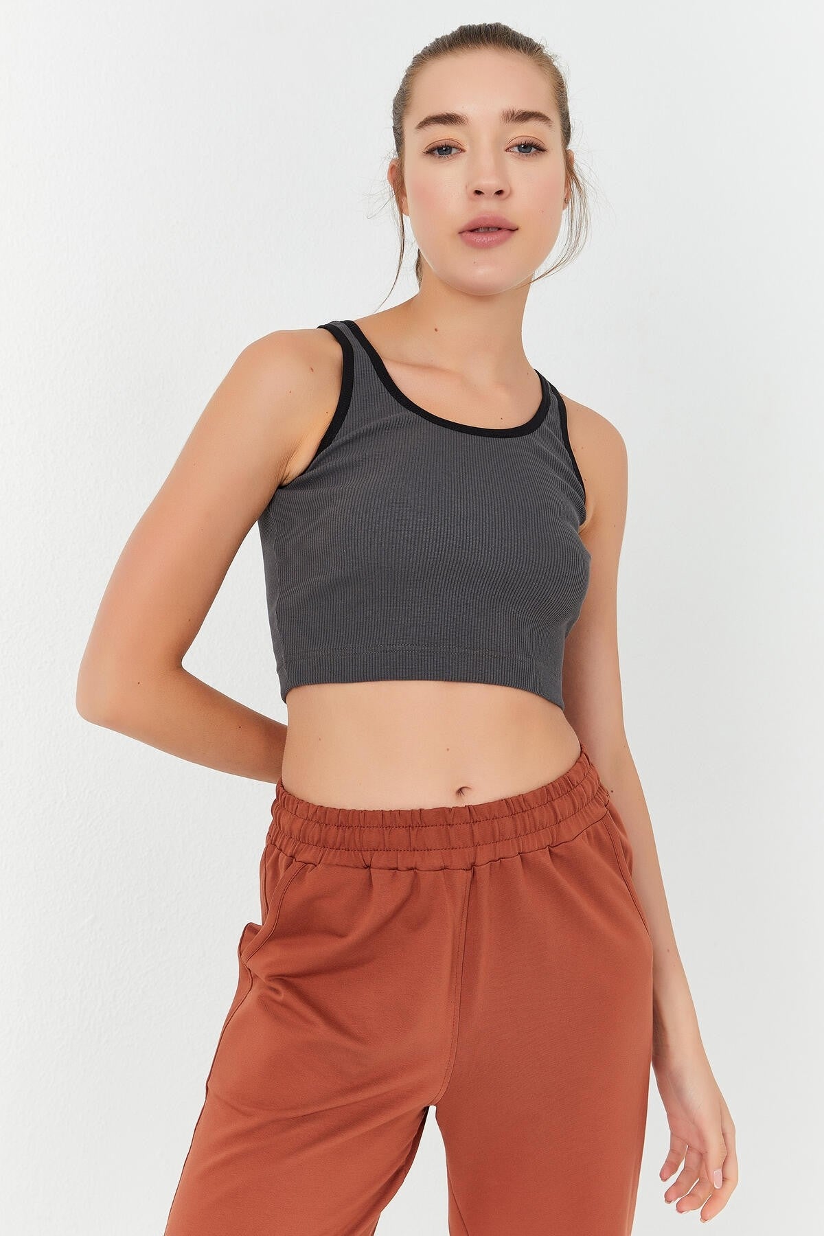 Anthracite Basic Zero Armhole Fit U Collar Women's Crop Top Singlet - 97160