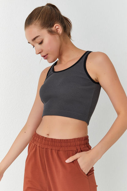 Anthracite Basic Zero Armhole Fit U Collar Women's Crop Top Singlet - 97160