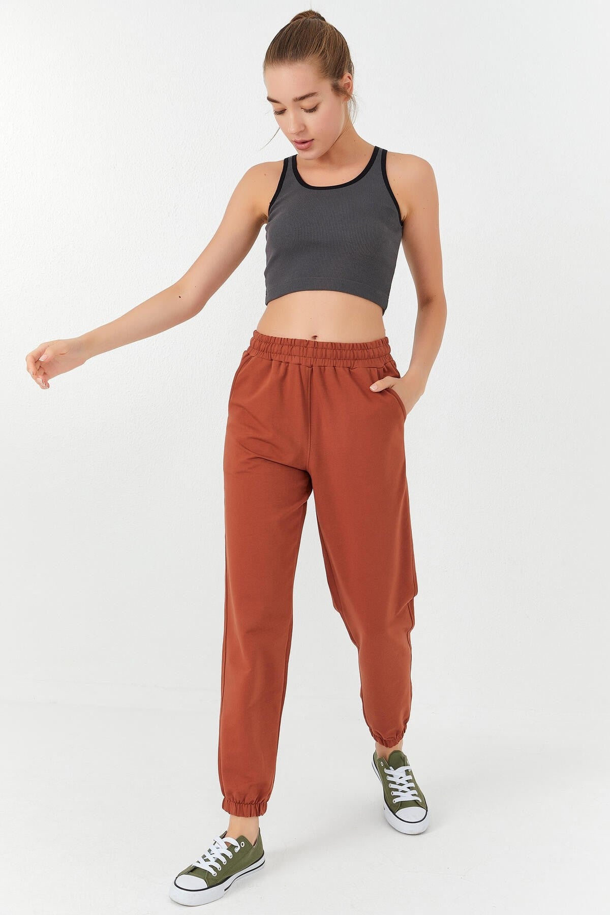 Anthracite Basic Zero Armhole Fit U Collar Women's Crop Top Singlet - 97160