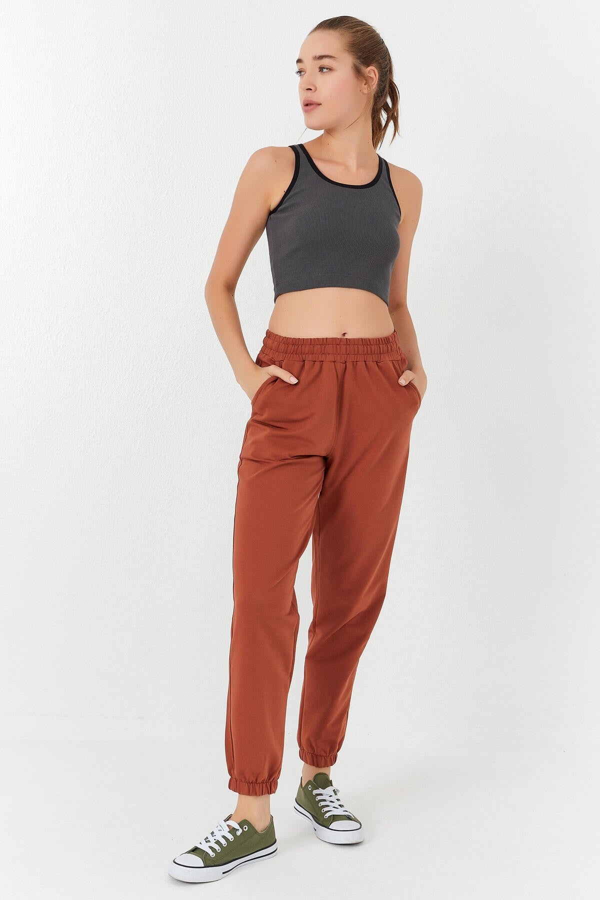 Anthracite Basic Zero Armhole Fit U Collar Women's Crop Top Singlet - 97160