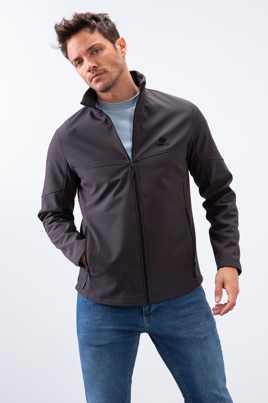 Anthracite Zippered Stand Collar Water and Windproof Softshell Men's Jacket - 88050