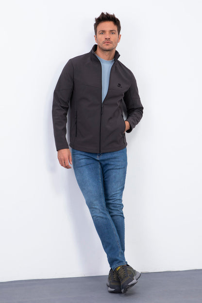 Anthracite Zippered Stand Collar Water and Windproof Softshell Men's Jacket - 88050