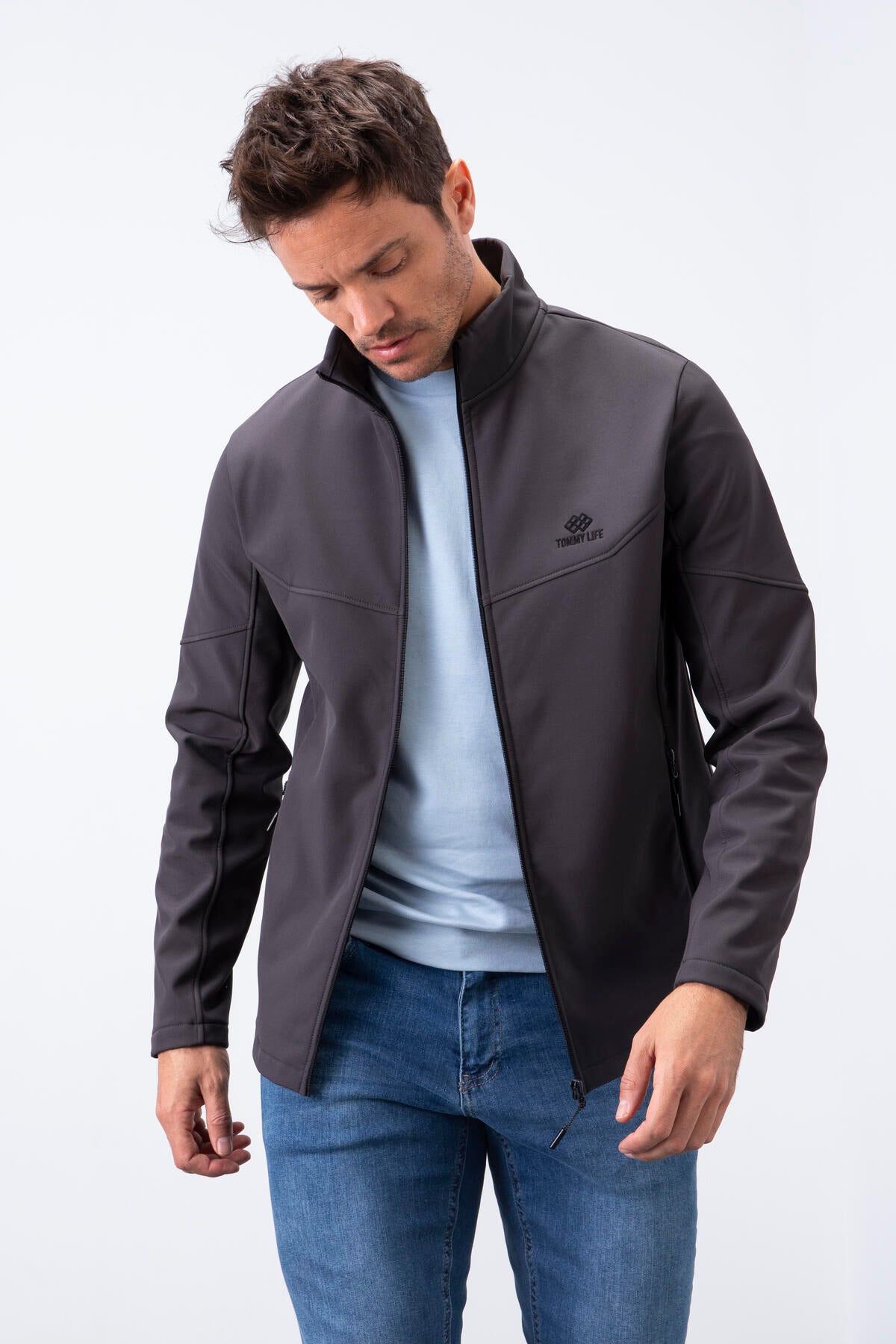Anthracite Zippered Stand Collar Water and Windproof Softshell Men's Jacket - 88050