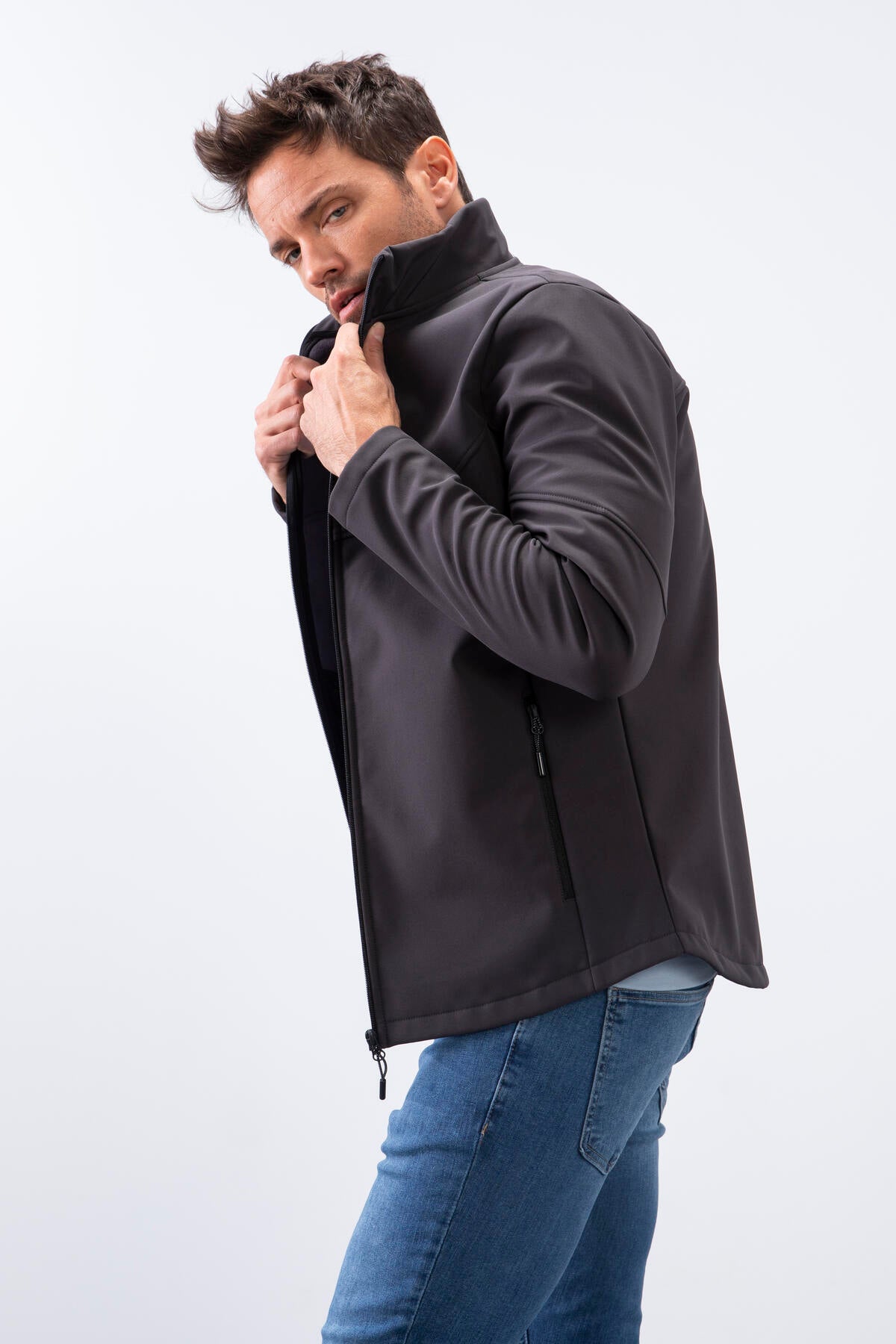 Anthracite Zippered Stand Collar Water and Windproof Softshell Men's Jacket - 88050