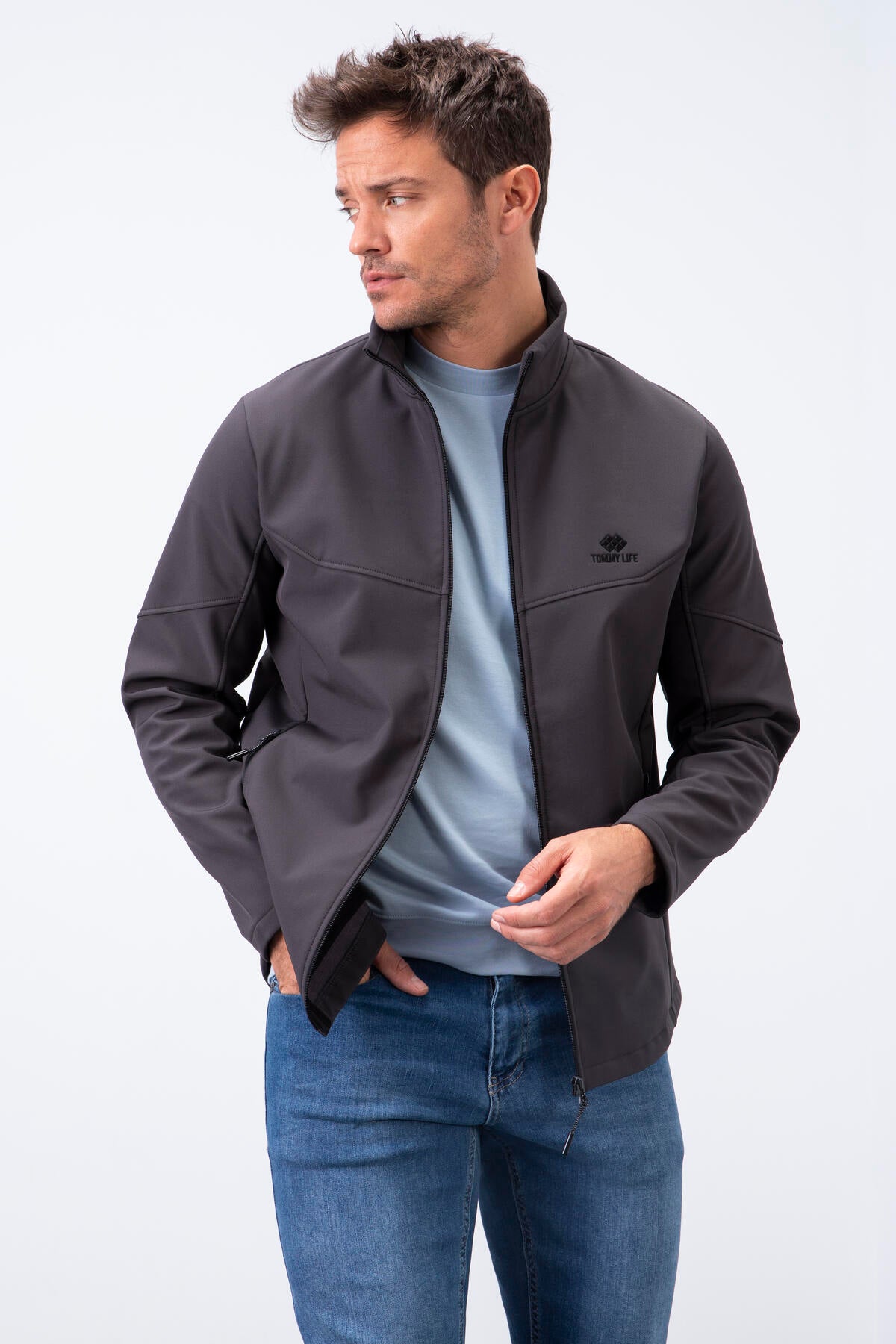 Anthracite Zippered Stand Collar Water and Windproof Softshell Men's Jacket - 88050