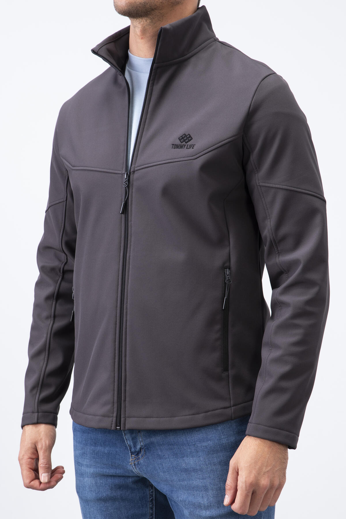 Anthracite Zippered Stand Collar Water and Windproof Softshell Men's Jacket - 88050