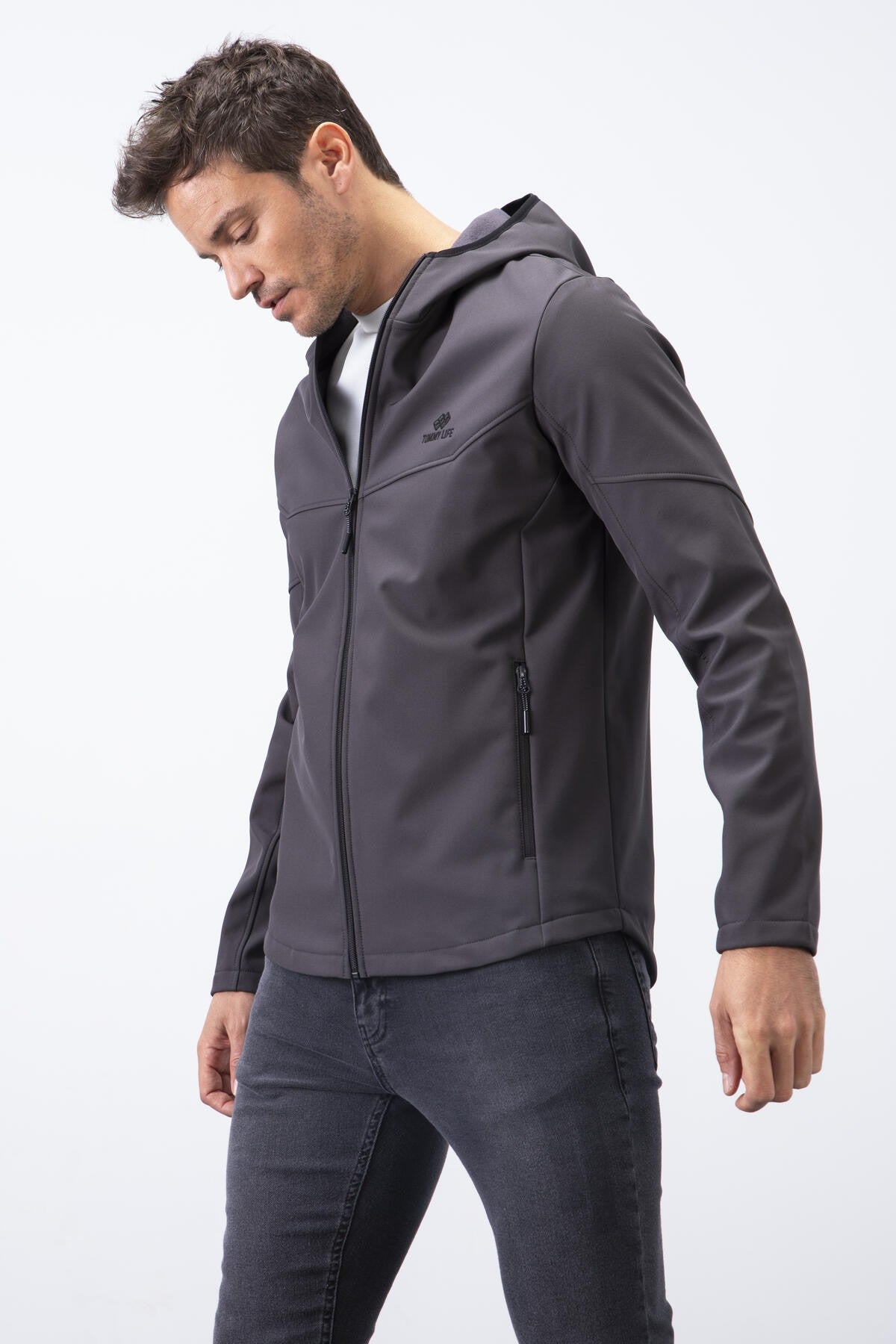 Anthracite Zippered Hooded Water and Wind Resistant Softshell Men's Jacket - 88051