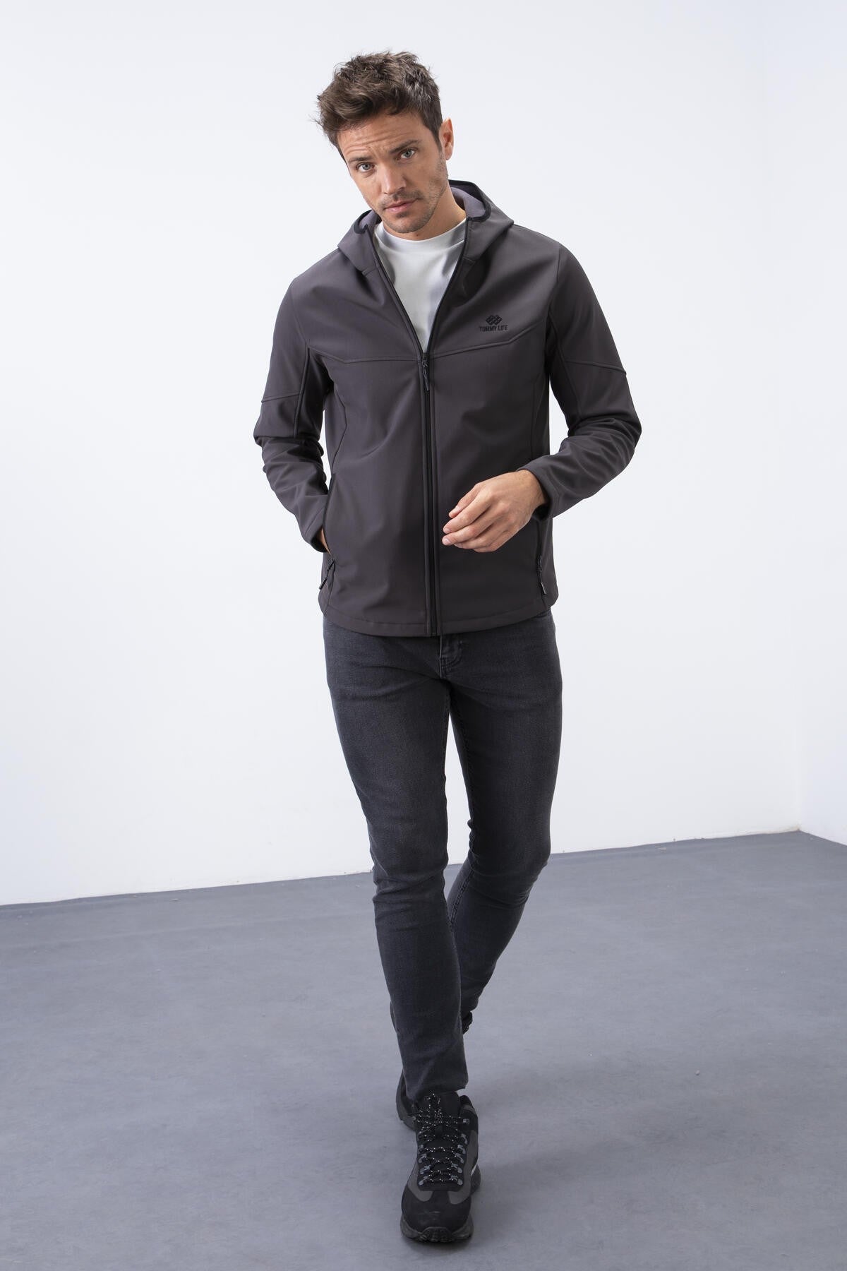 Anthracite Zippered Hooded Water and Wind Resistant Softshell Men's Jacket - 88051