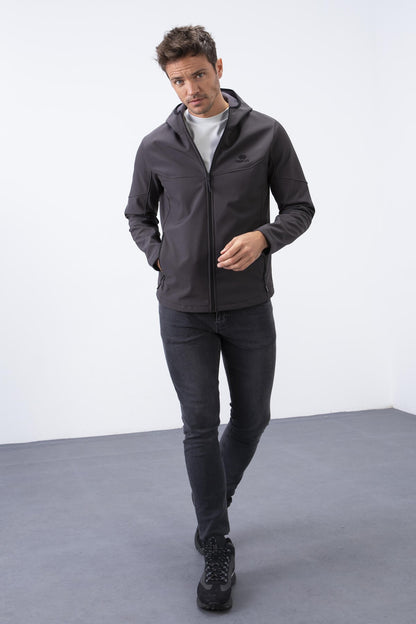 Anthracite Zippered Hooded Water and Wind Resistant Softshell Men's Jacket - 88051
