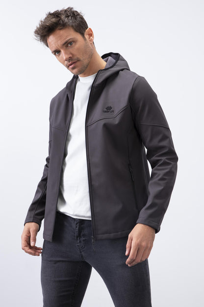 Anthracite Zippered Hooded Water and Wind Resistant Softshell Men's Jacket - 88051