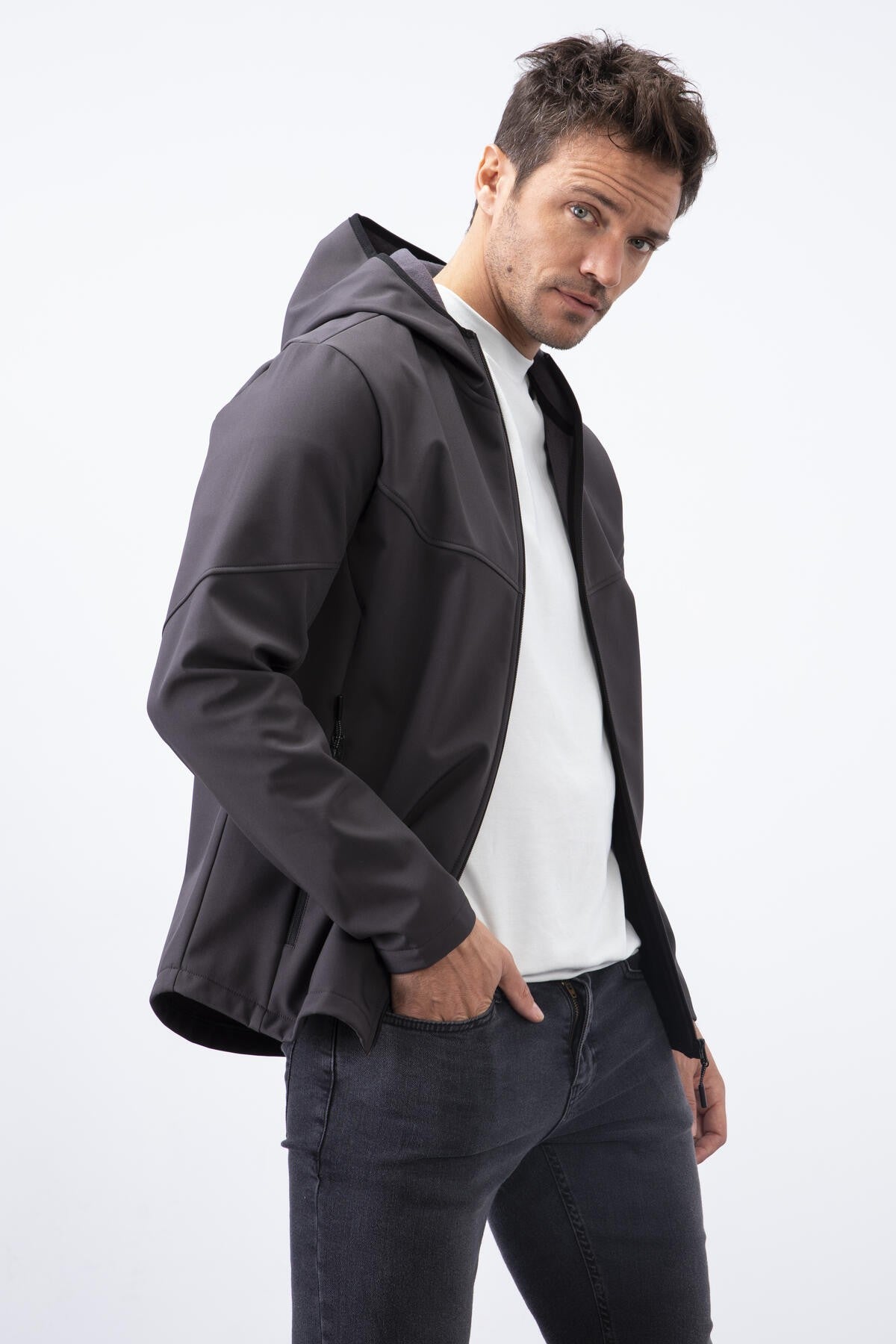 Anthracite Zippered Hooded Water and Wind Resistant Softshell Men's Jacket - 88051