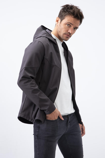 Anthracite Zippered Hooded Water and Wind Resistant Softshell Men's Jacket - 88051