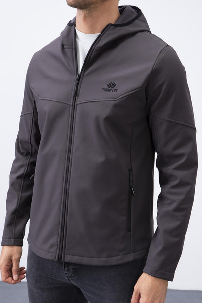 Anthracite Zippered Hooded Water and Wind Resistant Softshell Men's Jacket - 88051