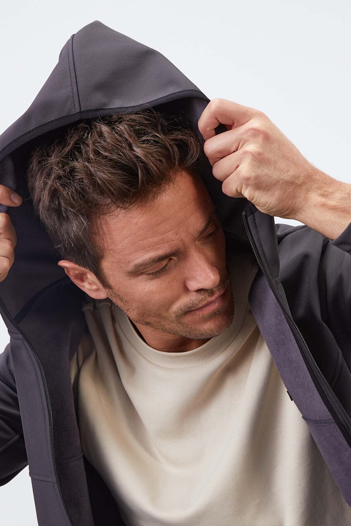 Anthracite Zippered Hooded Water and Wind Resistant Softshell Men's Jacket - 88051
