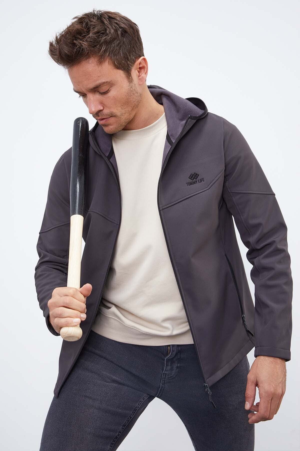 Anthracite Zippered Hooded Water and Wind Resistant Softshell Men's Jacket - 88051