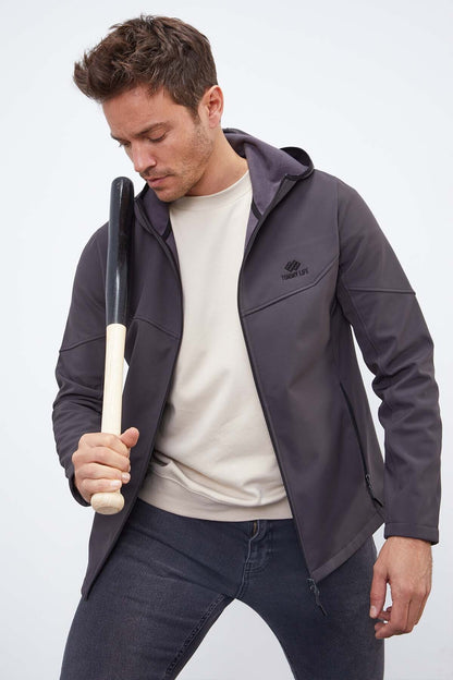 Anthracite Zippered Hooded Water and Wind Resistant Softshell Men's Jacket - 88051