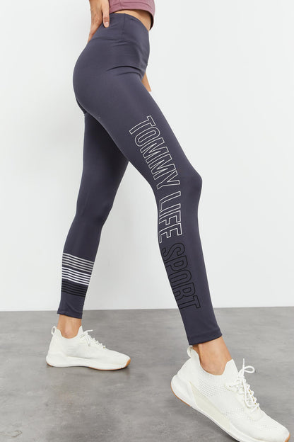 Anthracite High Waist Printed Slim Fit Tapered Leg Women's Tights - 94544