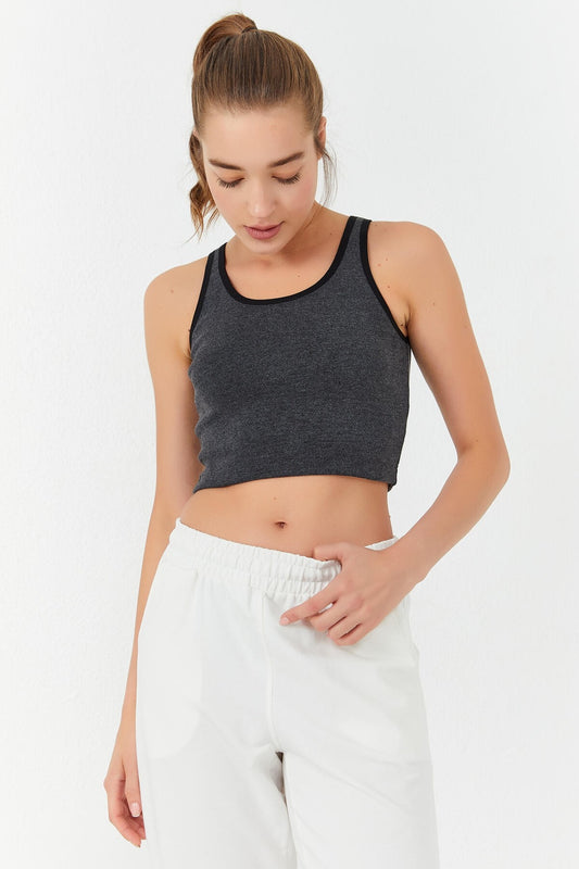 Anthracite Melanj Basic Zero Neckline Straight Cut U Collar Women's Crop Top Singlet - 97162