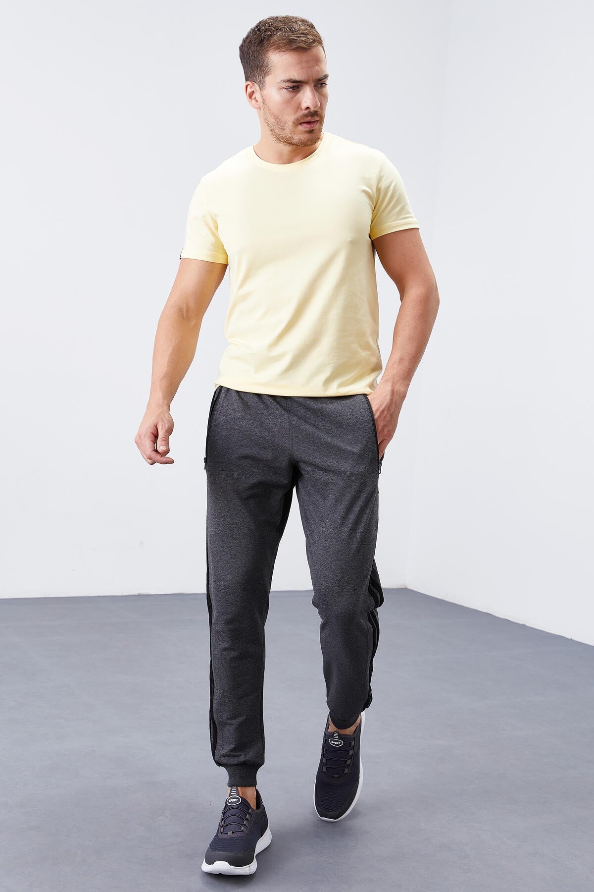Anthracite Melange Double Stitched Standard Fit Jogger Men's Tracksuit Bottom - 84694