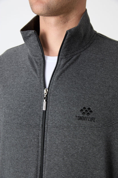 Anthracite Melange High Collar Zippered Comfort Fit Classic Cuff Men's Tracksuit Set - 85072