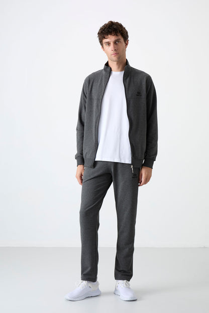 Anthracite Melange High Collar Zippered Comfort Fit Classic Cuff Men's Tracksuit Set - 85072