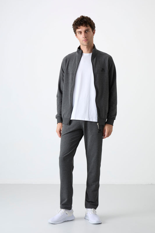 Anthracite Melange High Collar Zippered Comfort Fit Classic Cuff Men's Tracksuit Set - 85072