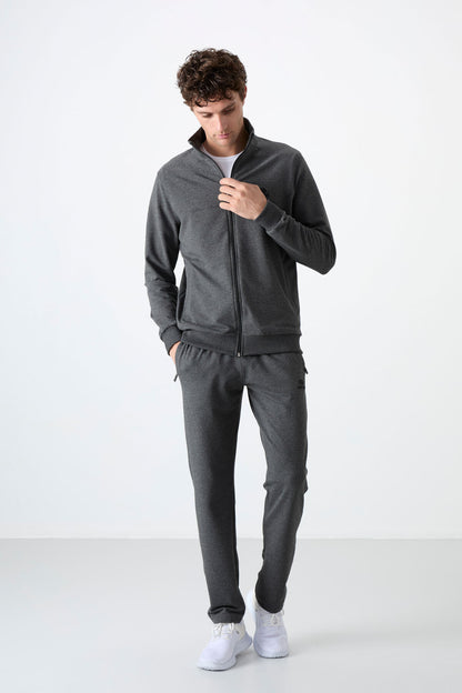 Anthracite Melange High Collar Zippered Comfort Fit Classic Cuff Men's Tracksuit Set - 85072