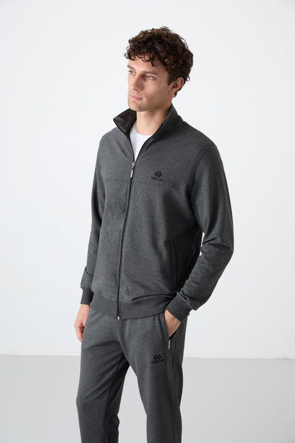 Anthracite Melange High Collar Zippered Comfort Fit Classic Cuff Men's Tracksuit Set - 85072