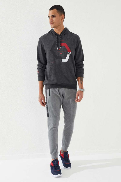 Anthracite Melange Geometric Print Standard Fit Men's Hooded Sweatshirt - 87870