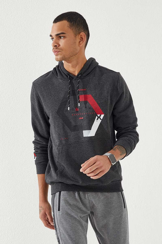 Anthracite Melange Geometric Print Standard Fit Men's Hooded Sweatshirt - 87870