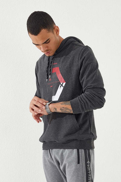 Anthracite Melange Geometric Print Standard Fit Men's Hooded Sweatshirt - 87870