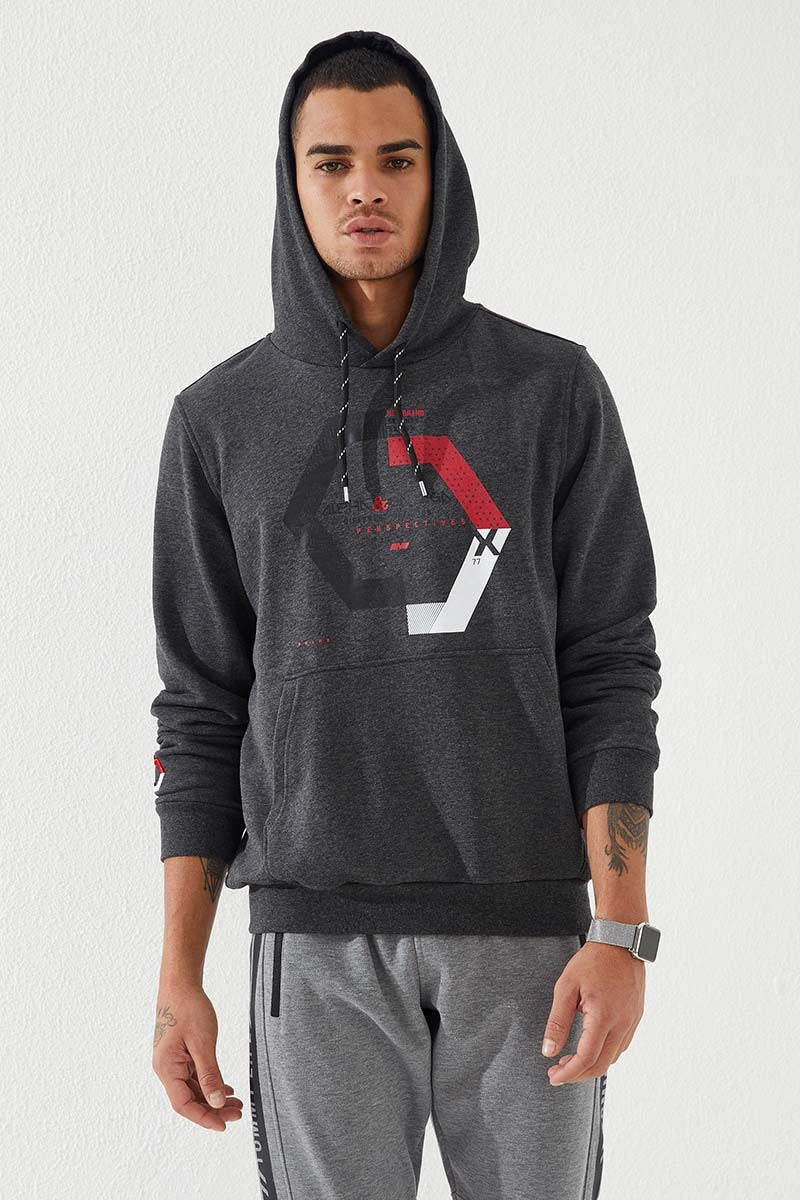 Anthracite Melange Geometric Print Standard Fit Men's Hooded Sweatshirt - 87870