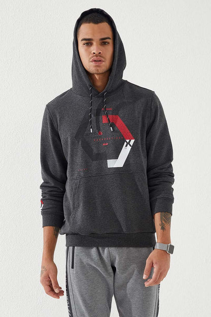 Anthracite Melange Geometric Print Standard Fit Men's Hooded Sweatshirt - 87870