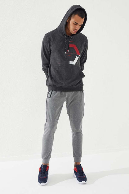 Anthracite Melange Geometric Print Standard Fit Men's Hooded Sweatshirt - 87870