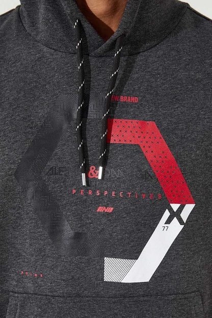 Anthracite Melange Geometric Print Standard Fit Men's Hooded Sweatshirt - 87870