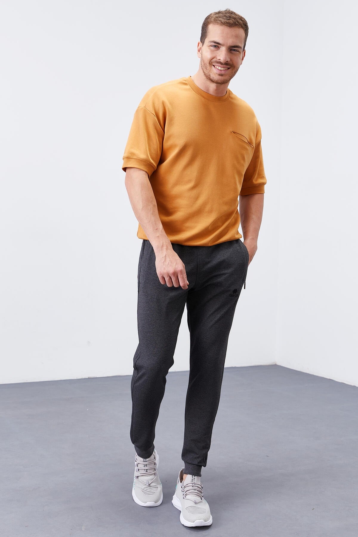 Anthracite Melange Zippered Straight Cut Jogger Men's Tracksuit Bottom - 84343