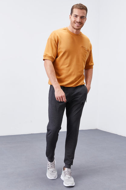 Anthracite Melange Zippered Straight Cut Jogger Men's Tracksuit Bottom - 84343