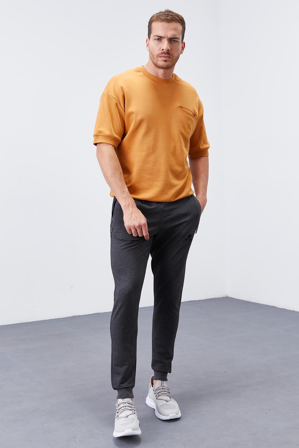 Anthracite Melange Zippered Straight Cut Jogger Men's Tracksuit Bottom - 84343