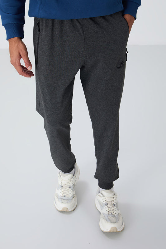 Anthracite Melange Zipper Standard Fit Jogger Men's Tracksuit Bottom - 84651
