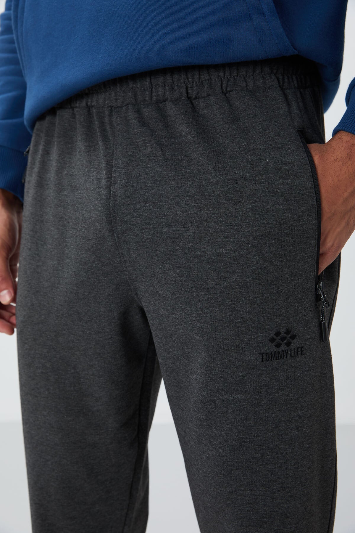 Anthracite Melange Zipper Standard Fit Jogger Men's Tracksuit Bottom - 84651