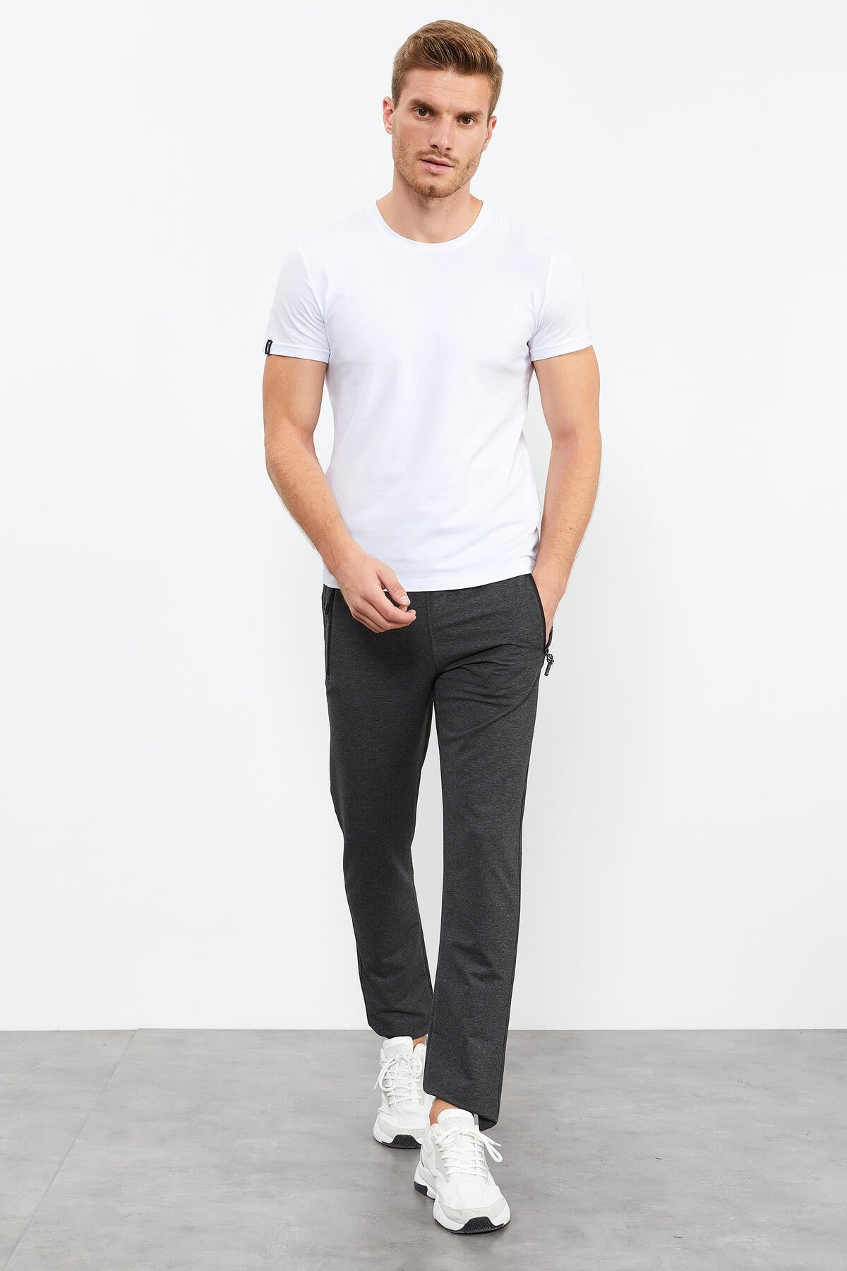 Anthracite Melange Zippered Detailed Standard Fit Classic Hem Men's Tracksuit Bottom - 84744